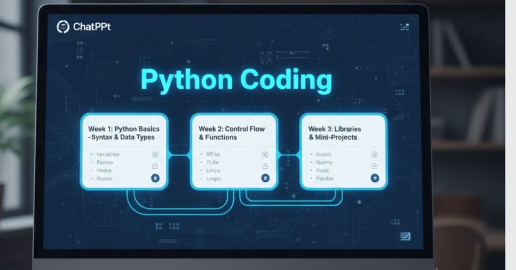 Visual roadmap generated by ChatGPT showing a structured, week-by-week learning plan for Python coding skills.