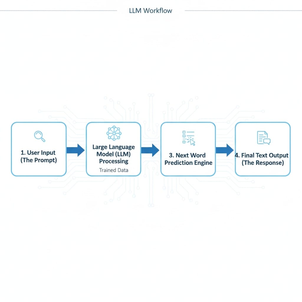 Diagram showing the four steps of the ChatGPT LLM process: Input, LLM Processing, Next Word Prediction, and Final Output.