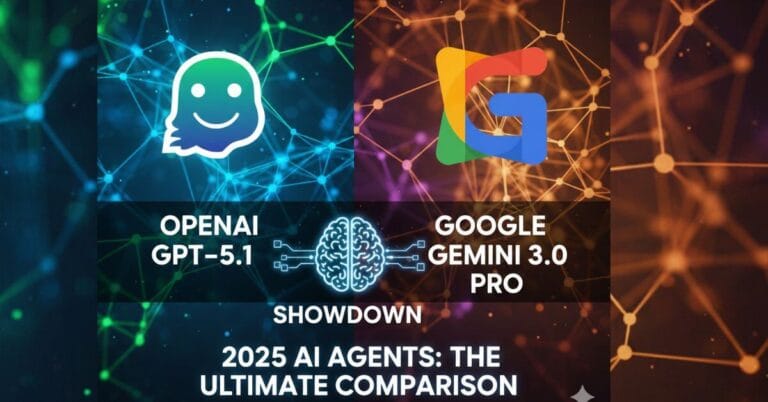 Split graphic comparing OpenAI GPT-5.1 vs Google Gemini 3.0 Pro, focusing on their AI agent showdown