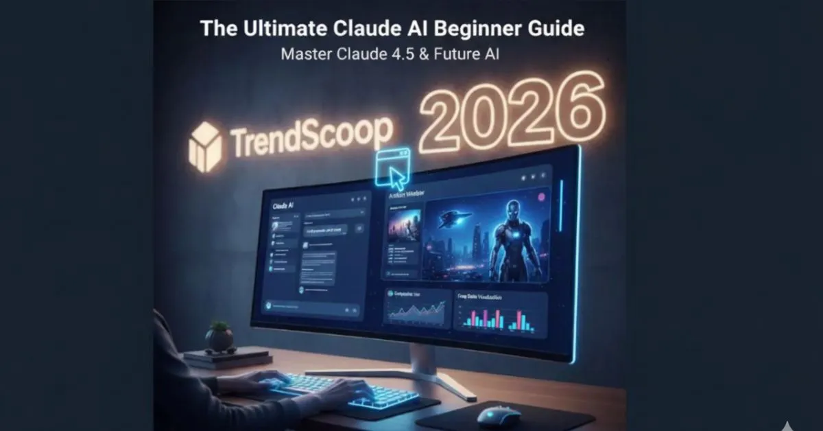 Beginner guide to Claude 4.5 AI in 2026, showing a workspace with agentic AI workflows and a wide monitor.