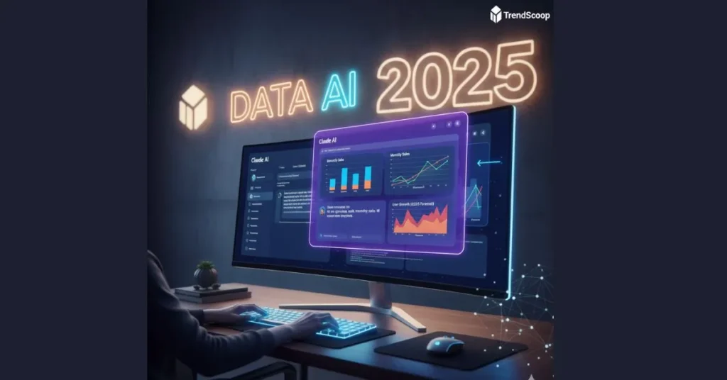 A split-screen view of the Claude AI interface showing a Python script on the left and a live-rendered data visualization dashboard in the Artifacts window on the right. Claude  Beginner Guide