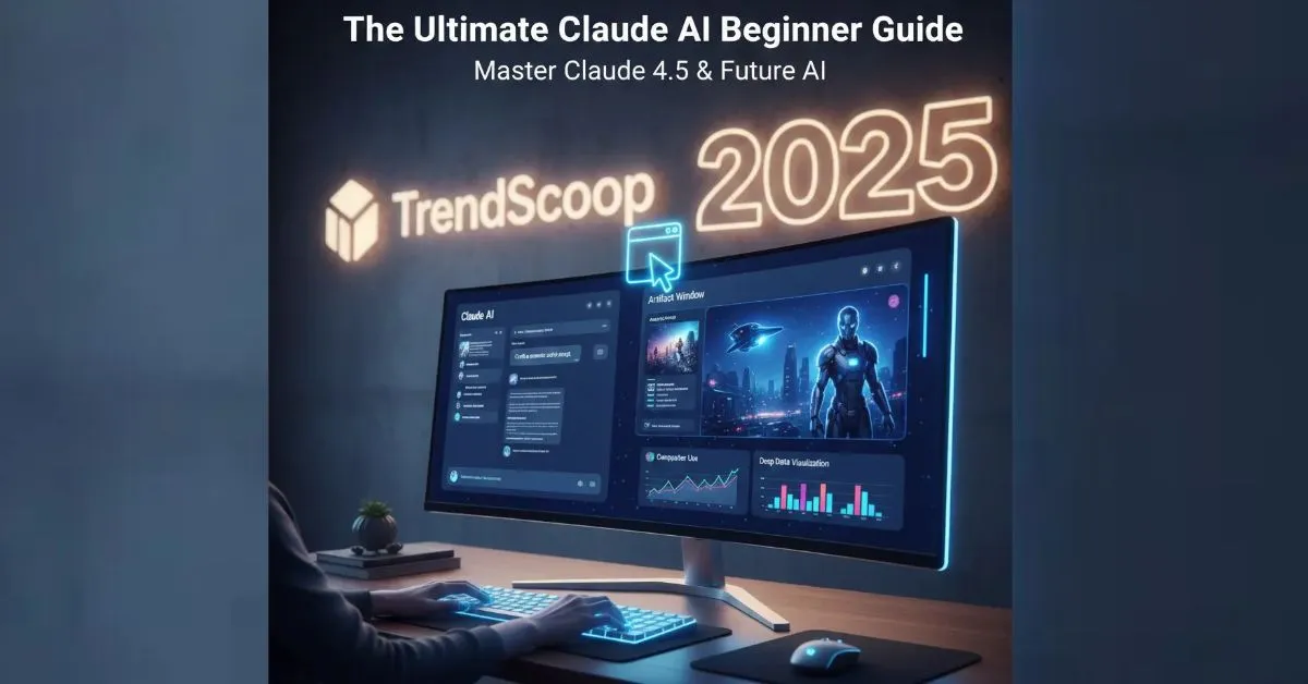 TrendScoop feature image for Claude AI Beginner Guide showing a desktop workspace with Claude 4.5 Sonnet Artifacts and 2025 branding.