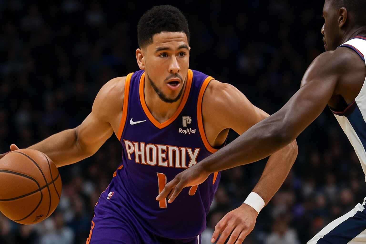 Devin Booker 2025 Phoenix Suns in-game shot, focused face, purple jersey