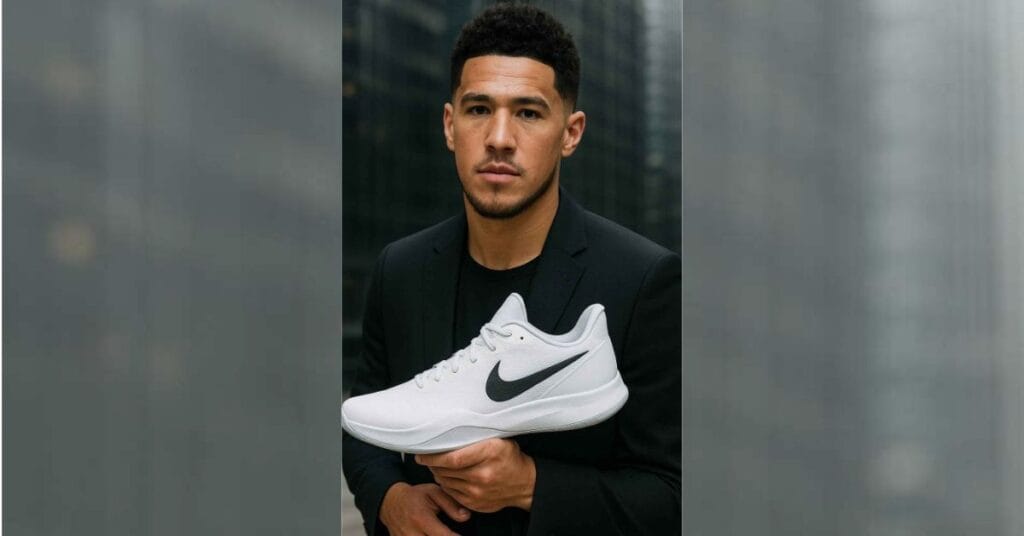 Devin Booker portrait showing off Nike Book 1 signature shoes and expensive watch