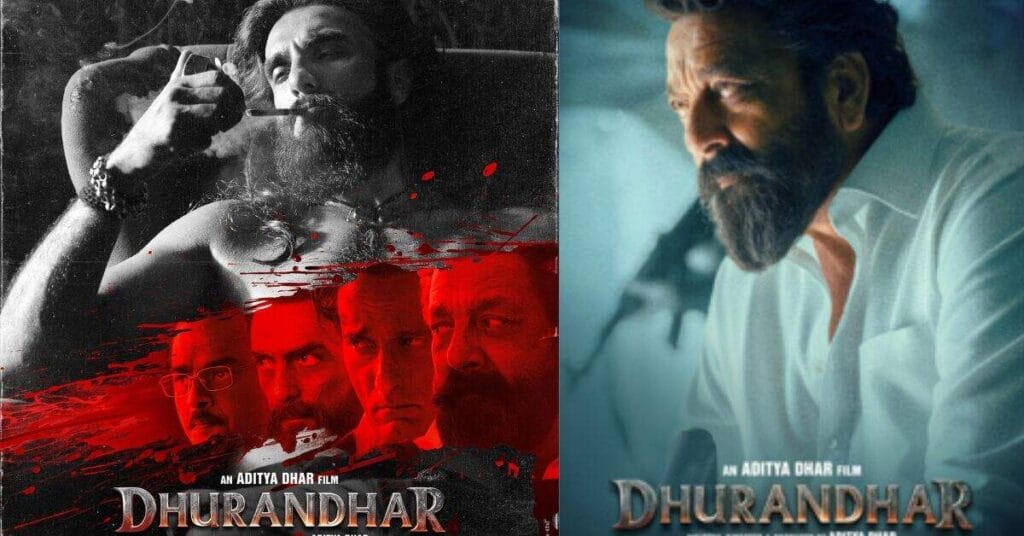 Official poster for Dhurandhar movie featuring Ranveer Singh in a rugged look and key cast members, promoting the December 5th release by Jio Studios and A862 Studios. and the side tiger sanjay dutt