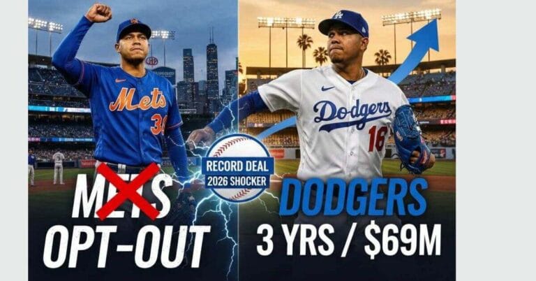 Edwin Diaz Mets opt-out graphic showing him in a Mets jersey with a red X, transitioning to a Dodgers jersey with the text: 'DODGERS 3 YRS / $69M' and 'RECORD DEAL 2026 SHOCKER'.