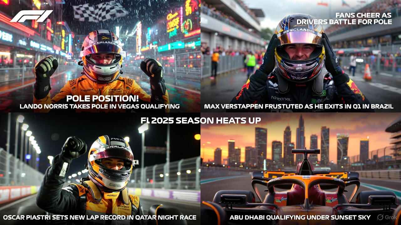 Lando Norris celebrates pole in wet Las Vegas GP qualifying 2025, Max Verstappen frustrated after Brazil Q1 exit, Oscar Piastri fist-pump in Qatar, and Abu Dhabi sunset – F1 2025 qualifying highlights