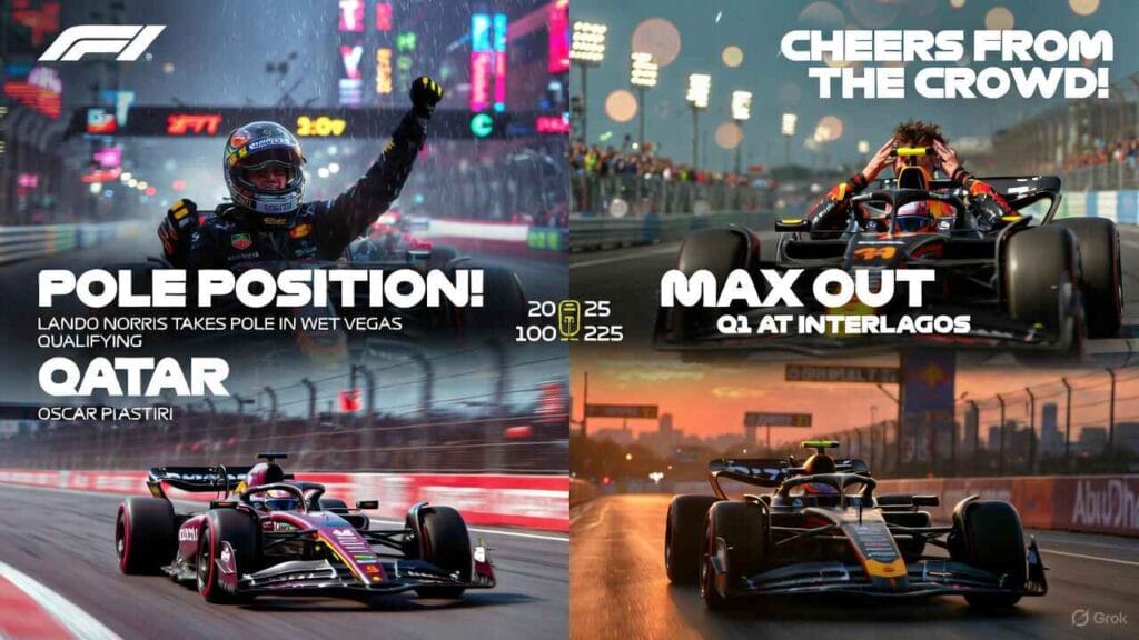 F1 2025 qualifying highlights: Lando Norris pole celebration in Las Vegas rain, Max Verstappen angry after Brazil Q1 knockout, Oscar Piastri lap-record joy in Qatar night race, McLaren charging into Abu Dhabi sunset