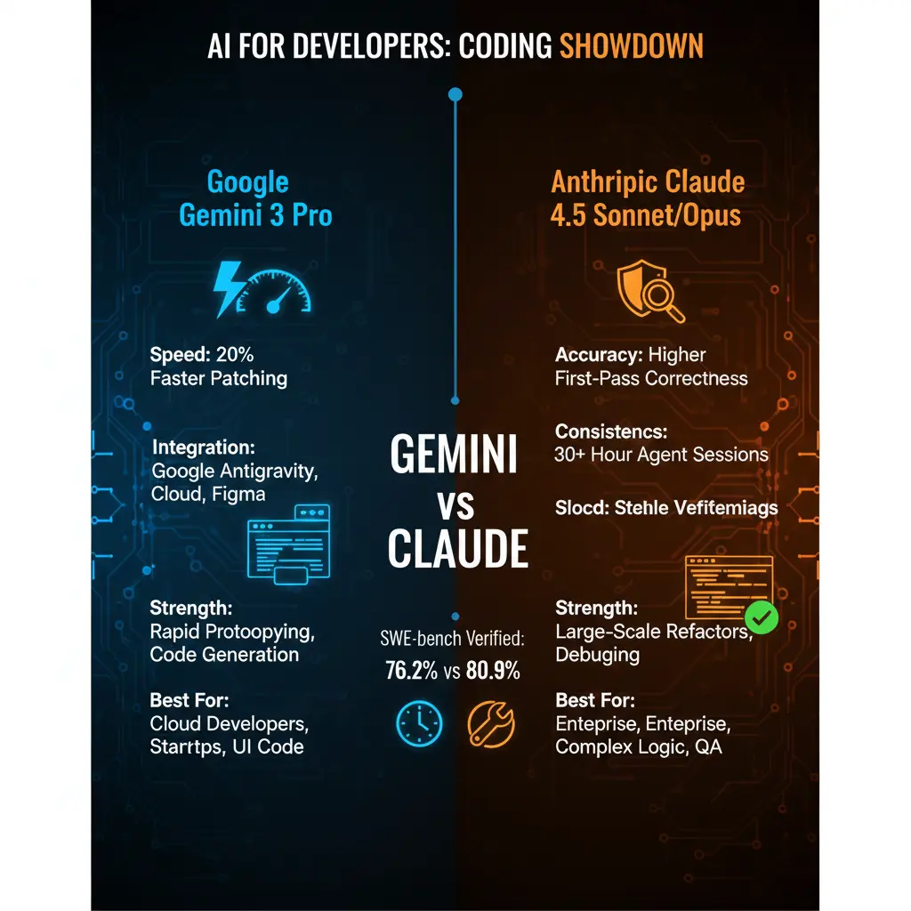 Visual comparison of Google Gemini 3 and Anthropic Claude 4.5 for coding, featuring IDE icons, code snippets, and performance highlights for developers.Google Gemini 3 vs Claude 4.5