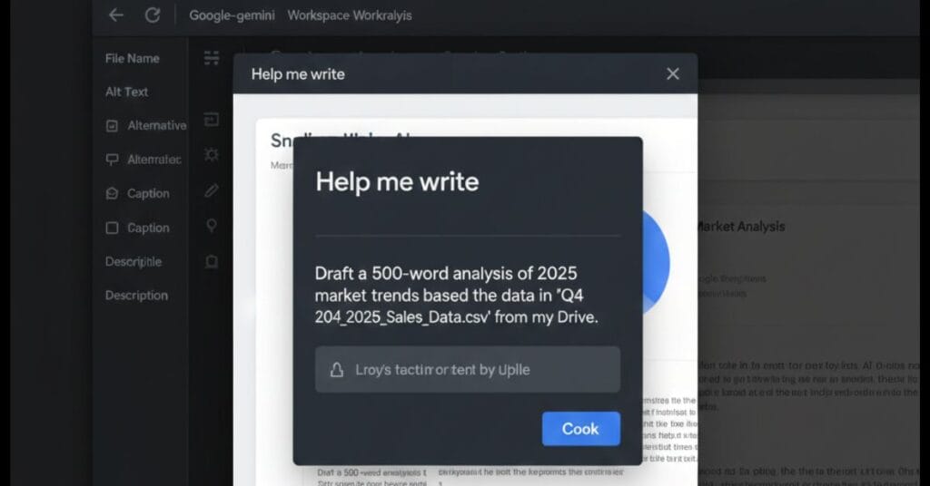 Screenshot showing the Gemini AI assistant side panel embedded within Google Docs, helping to draft content.