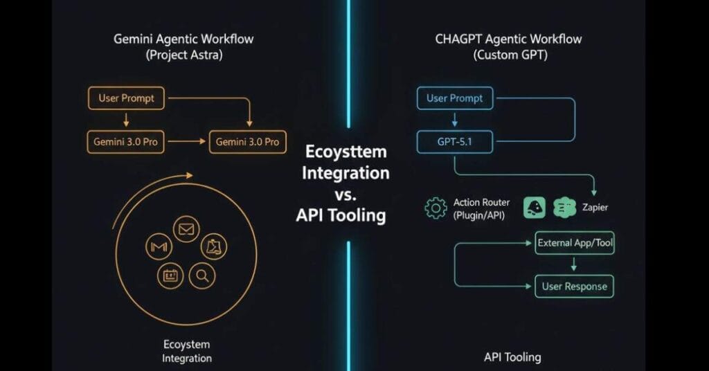 Flow chart comparing Gemini 3.0 Project Astra's native integration with Google Workspace versus ChatGPT 5.1's reliance on external APIs and Custom GPTs for workflow automation.