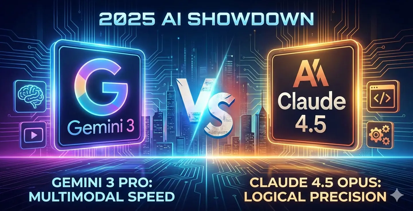 Comparison of Google Gemini 3 Pro and Anthropic Claude 4.5 Opus logos in a 2025 AI showdown graphic highlighting multimodal speed and logical precision.