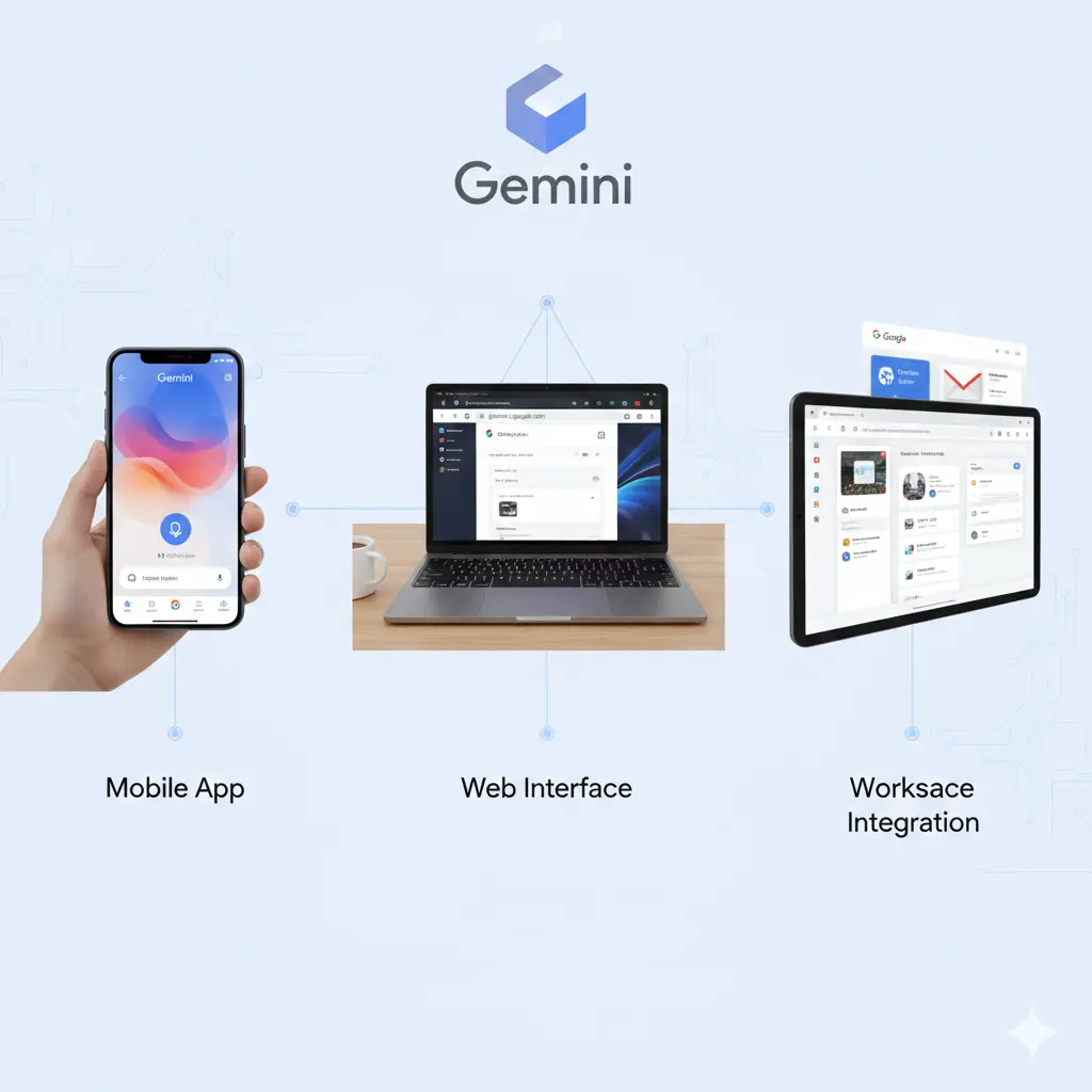 A side-by-side comparison mockup showing Gemini on a mobile phone (Mobile App), a laptop (Web Interface), and a tablet (Workspace Integration) to illustrate how the AI works across different devices and platforms.Google Gemini Beginner Guide 2025