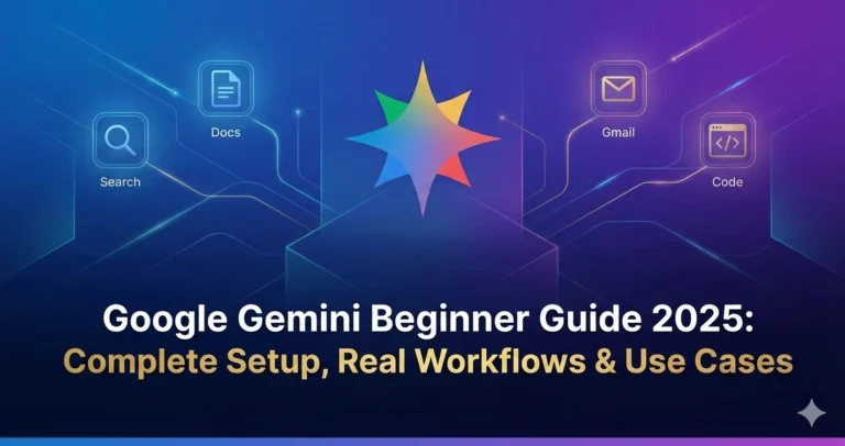 Google Gemini Beginner Guide 2025," showing the multi-colored Gemini star logo in the center. Below it is the title text. The background is a digital gradient with icons for Search, Docs, Gmail, and Code connected by glowing lines.