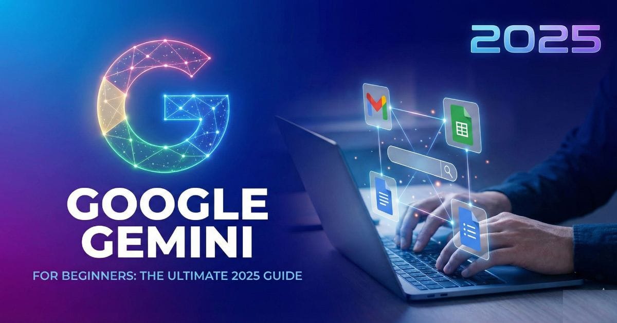 A futuristic laptop workspace displaying glowing holographic icons for Gmail and Google Docs, next to a Google Gemini logo and text reading "2025 Google Gemini for Beginners.