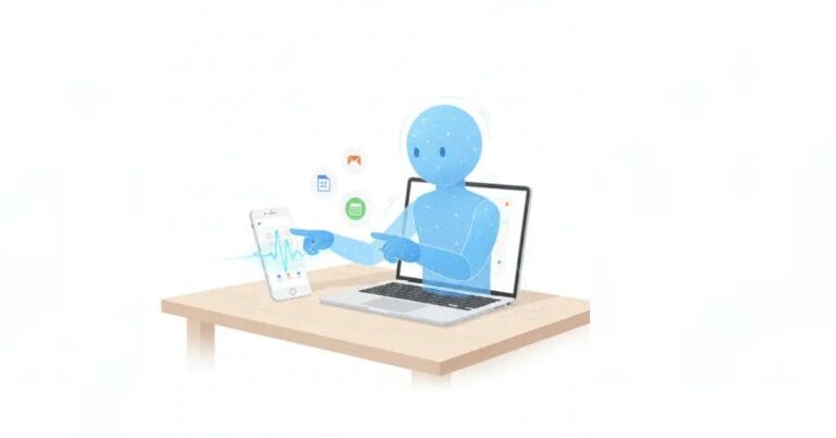 Illustration of a modern workspace with a smartphone and laptop showing Google Gemini AI assistant icons for Docs, Gmail, and Calendar with a voice waveform.