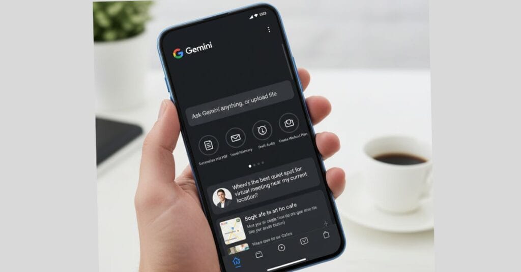 Vertical screenshot of the Google Gemini mobile app in action, showing the chat interface and the microphone icon for voice commands.