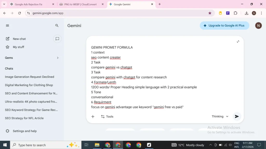 this is screen short of my gemini using style in which i am showing how to use as if you are new to use google gemini.The Gemini Prompt Formula' showing a 5-step checklist: Context, Task, Length/Format, Tone, and Requirements, with example text for each step.