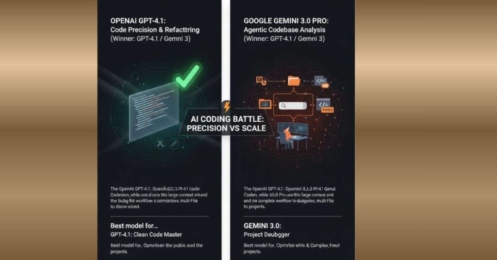 Split IDE graphic showing GPT-4.1's strength in generating precise code versus Gemini 3.0 Pro's agentic capability for debugging and analyzing large, multi-file codebases