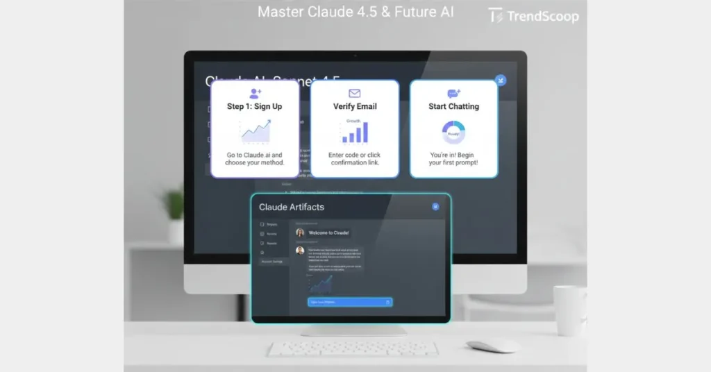 Step-by-step infographic showing how to create a Claude AI account, including email signup, phone verification, and selecting a personal plan. Claude  Beginner Guide