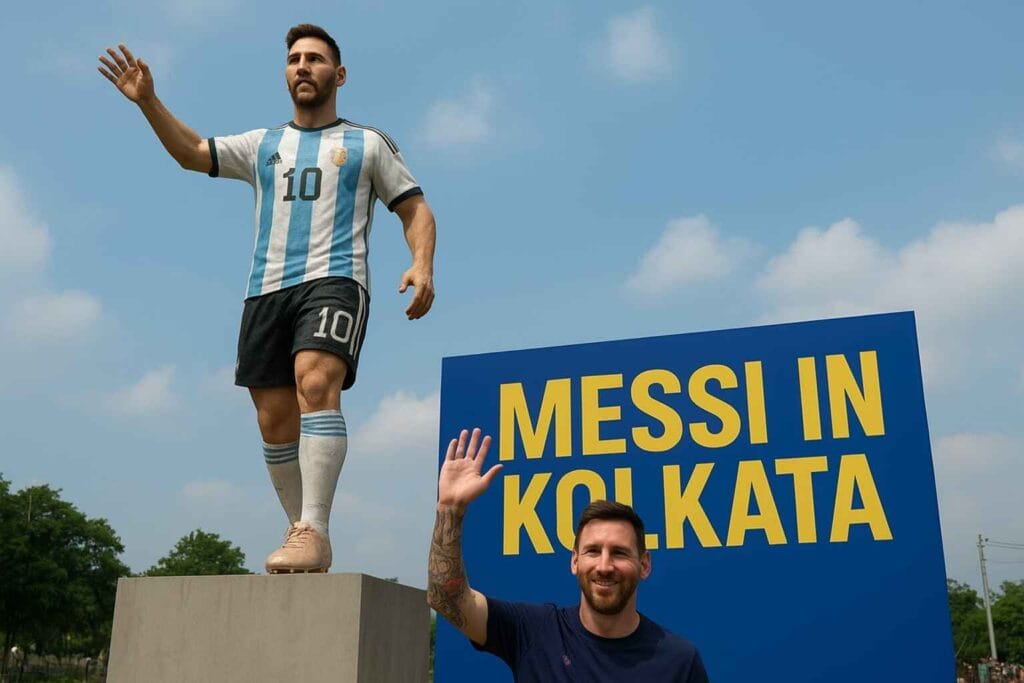 Lionel Messi standing beside a giant 70-foot statue of himself in Kolkata with a blue “Messi in Kolkata” banner in the background.
Messi in Kolkata