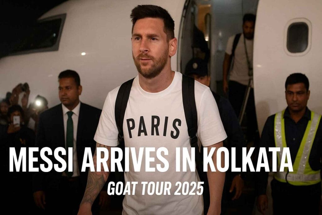 Lionel Messi arriving at Kolkata airport during the GOAT Tour 2025, stepping off the plane with security and fans in the background.Messi in Kolkata