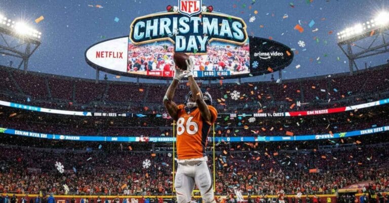 A Denver Broncos player catches a football in a snowy stadium during the NFL Christmas Day tripleheader, with Netflix and Amazon Prime logos displayed on the stadium scoreboard.