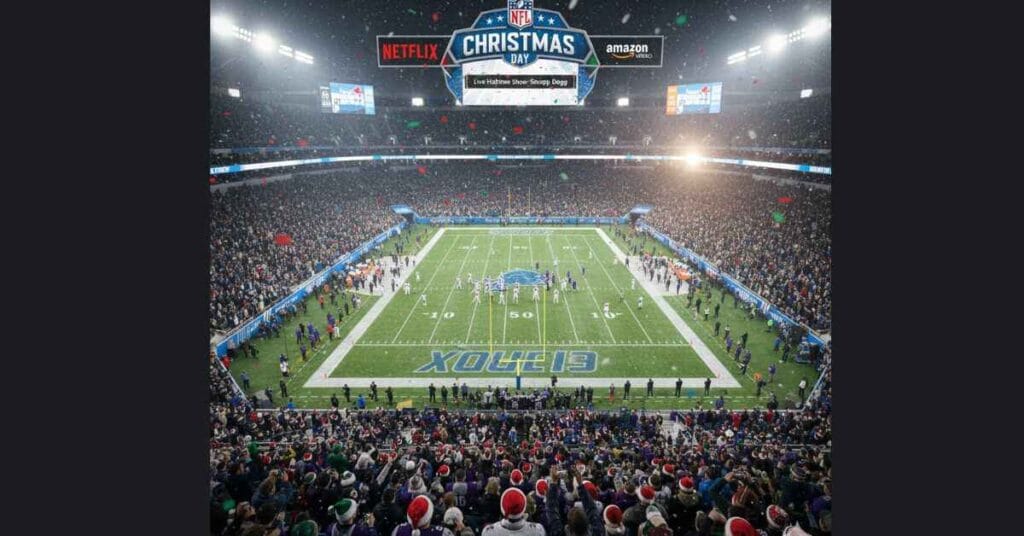 A wide-angle cinematic shot of a professional NFL stadium at night during a snowy Christmas Day game, featuring bright floodlights and a festive holiday atmosphere.NFL Games Today