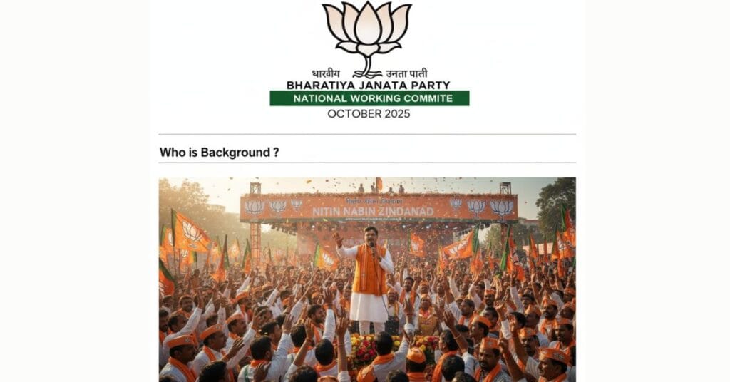 Bihar Road Construction Minister Nitin Nabin in a safety helmet, addressing officials at an infrastructure development site in Patna.