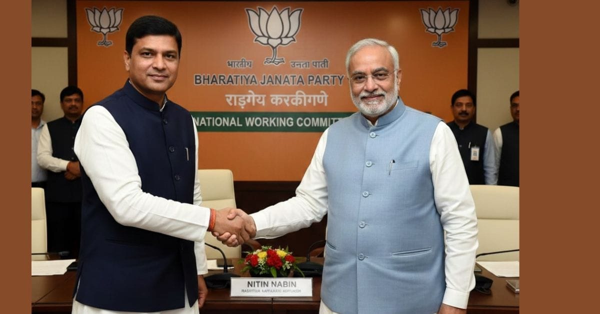 Nitin Nabin shaking hands with BJP National President JP Nadda against an orange BJP logo backdrop after Nabin's appointment as National Working President.