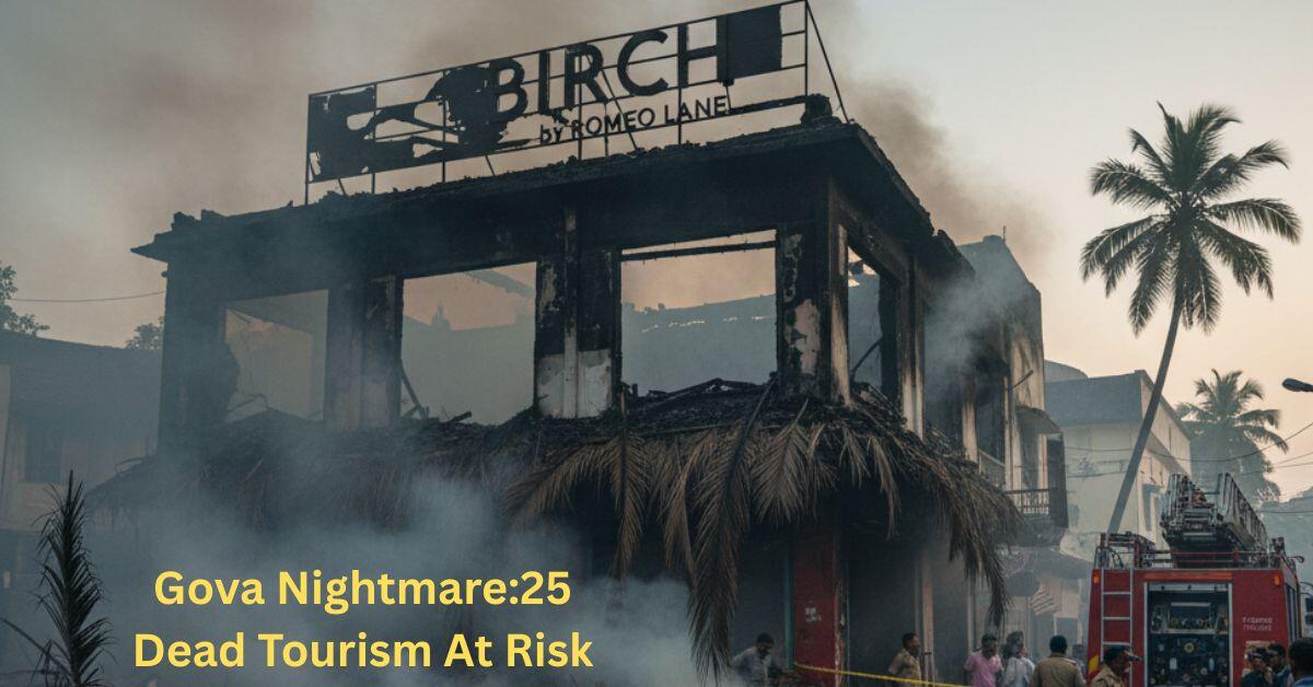 Charred remains of Birch by Romeo Lane nightclub in Arpora, North Goa, with smoke rising and fire rescue crews visible after the deadly fire.