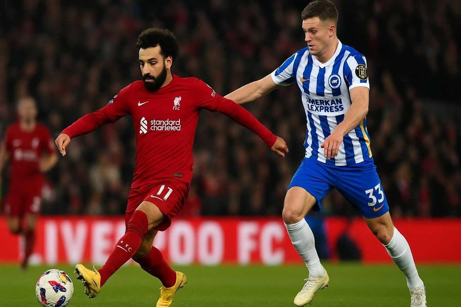 Mohamed Salah creates a decisive goal during Liverpool’s 2-0 Premier League win over Brighton at Anfield