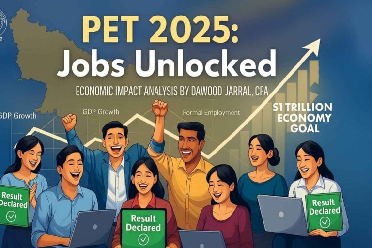 UPSSSC PET Result 2025 declared, showing celebrating candidates overlaid with GDP growth charts and a "$1 Trillion Economy Goal" graph. Analysis by Dawood Jarral, CFA.