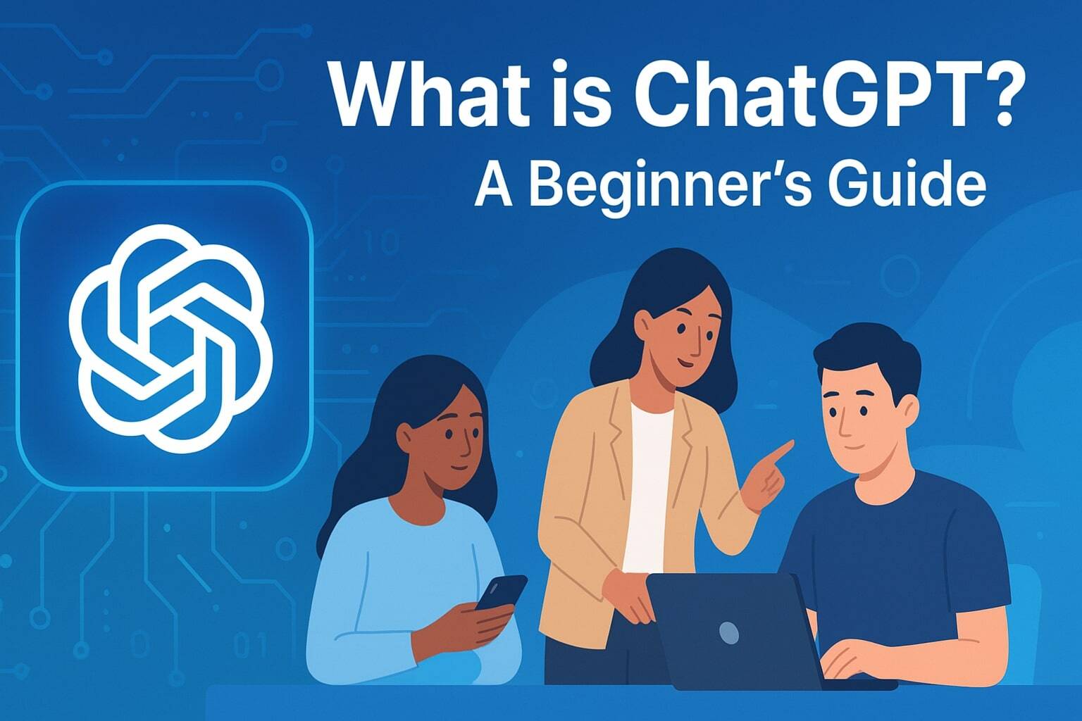 A futuristic digital illustration showing the ChatGPT AI interface interacting collaboratively with diverse human users, representing technology and productivity in 2025.