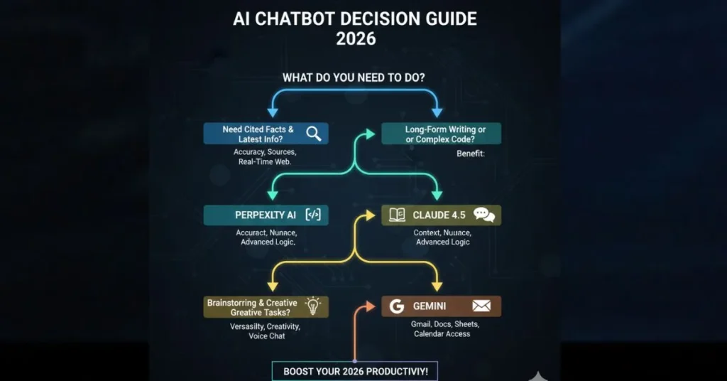 Decision tree flowchart to choose between ChatGPT, Gemini, Claude, and Perplexity AI in 2026.ai chatbots