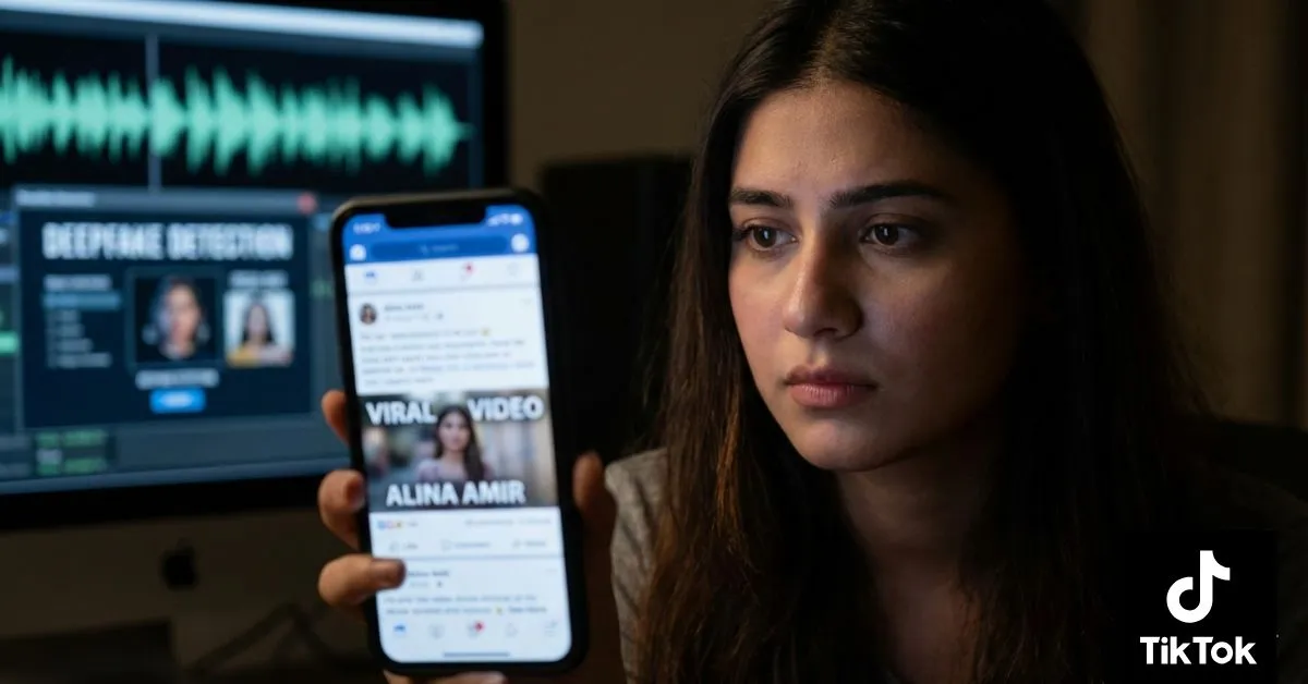 A realistic depiction of a woman looking at the Alina Amir viral video controversy on a smartphone with deepfake detection software in the background.