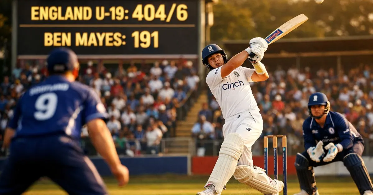 Ben Mayes batting for England U-19 against Scotland, hitting a boundary to reach his record 191 runs at Takashinga Sports Club.