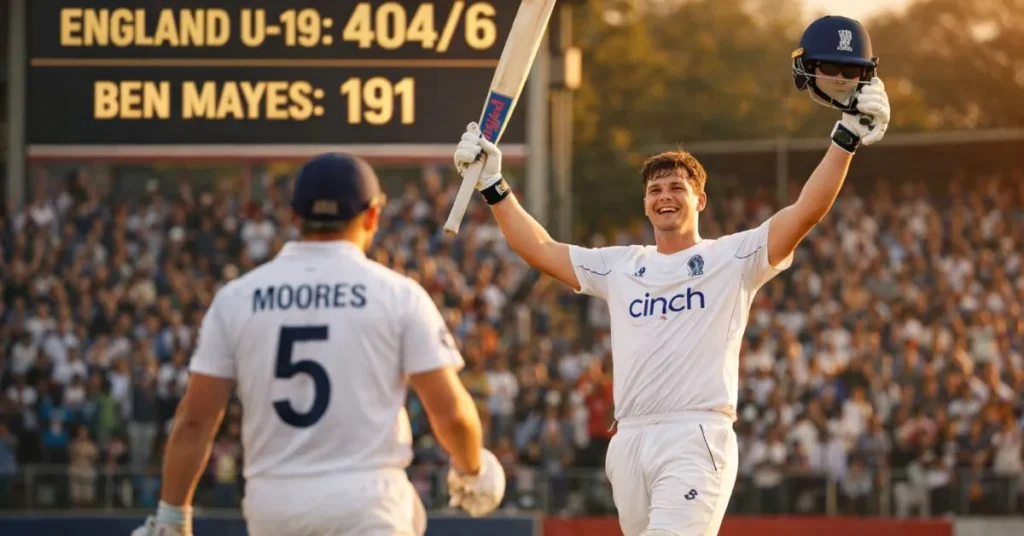 England's Ben Mayes celebrates his record-breaking 191 runs against Scotland U-19 at the Takashinga Sports Club, Harare.England vs Scotland U-19