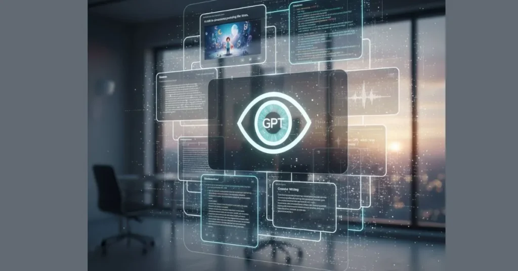 A high-tech digital hub showcasing ChatGPT's versatile 2026 capabilities, including multimodal vision, creative writing, and data analysis.