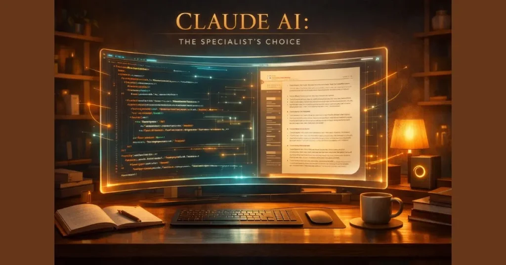 A professional workspace visualization of Claude AI 4.5's advanced coding and long-form writing capabilities in 2026.