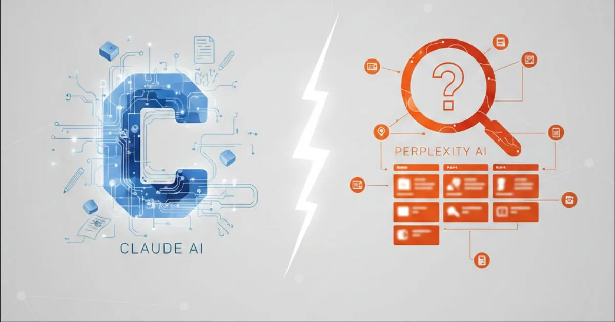 Claude AI vs Perplexity AI comparison showing writing-focused AI versus research-based AI with sources