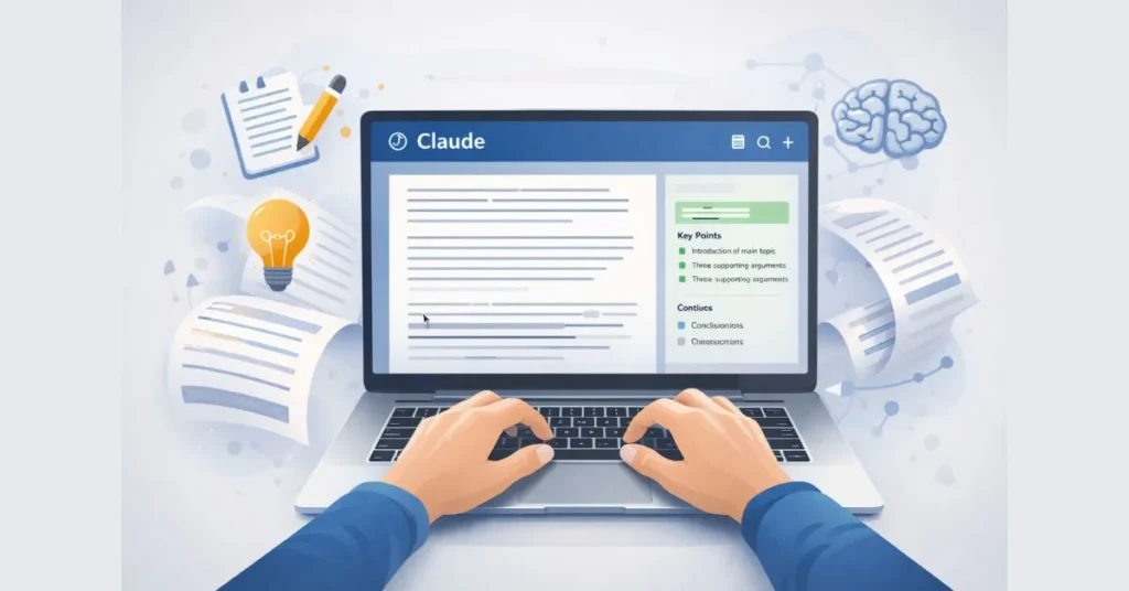 Illustration showing a user typing long-form content on Claude AI, highlighting structured writing, brainstorming, and content creation.
Claude AI vs Perplexity AI