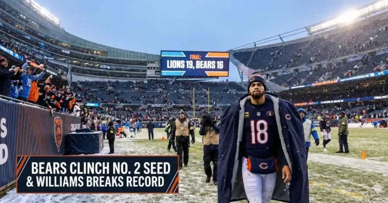 Caleb Williams walking off the field at Soldier Field with the final Bears vs Lions score of 19-16 displayed on the jumbo scoreboard.