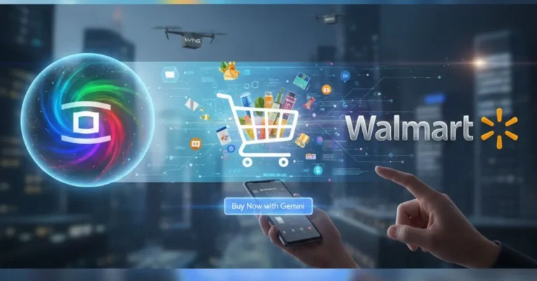 A conceptual digital interface showing Google Gemini Agentic Commerce integrated with Walmart shopping, featuring a 'Buy Now with Gemini' button and Wing delivery drones.