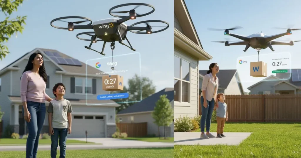 A mother and child watching a Google Wing drone deliver a Walmart package to their suburban home, with a transparent digital overlay showing a 27 second delivery timer.Google Gemini Agentic Commerce