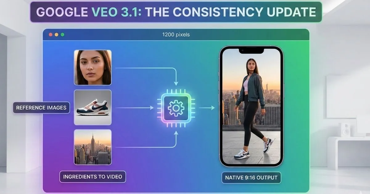 the Google Veo 3.1 workflow: reference images (character face, product, and background) being processed into a stable native 9:16 vertical video on a smartphone.