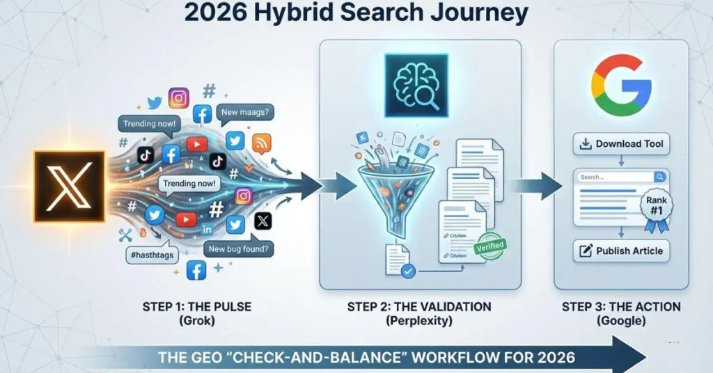 A 1200px wide strategy infographic showing the 3-step Hybrid Search Journey: Using Grok for real-time trends, Perplexity for factual verification, and Google for final action. Perplexity vs. Grok 2026
