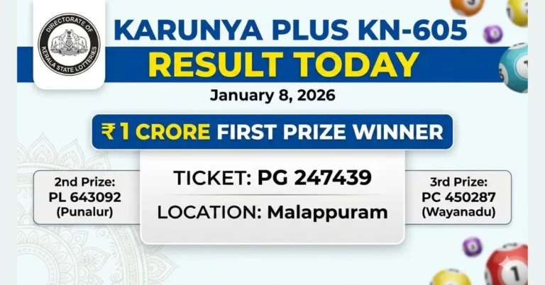 Official Karunya Plus KN-605 Result for January 8 2026 showing winning ticket PG 247439