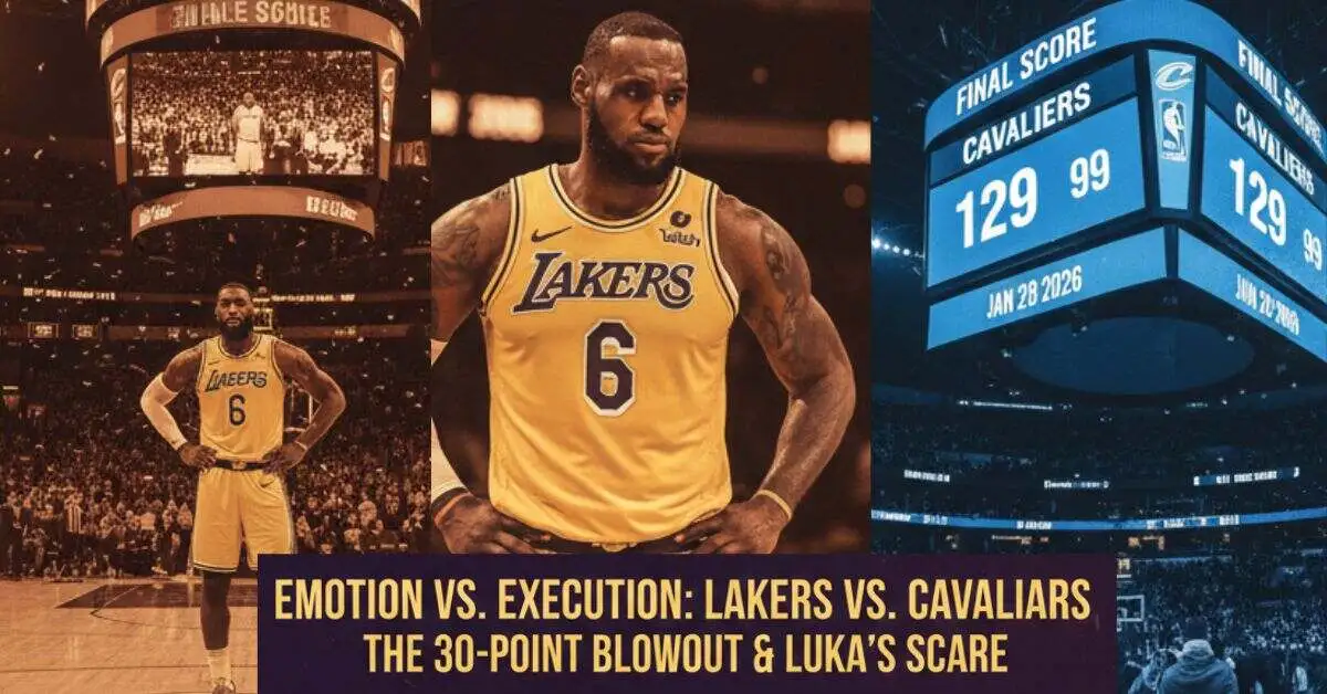 A 1200px wide split-screen infographic of the Lakers vs Cavaliers game on Jan 28, 2026, showing LeBron James during his Cleveland homecoming, the 129-99 final score, and Cleveland players celebrating.