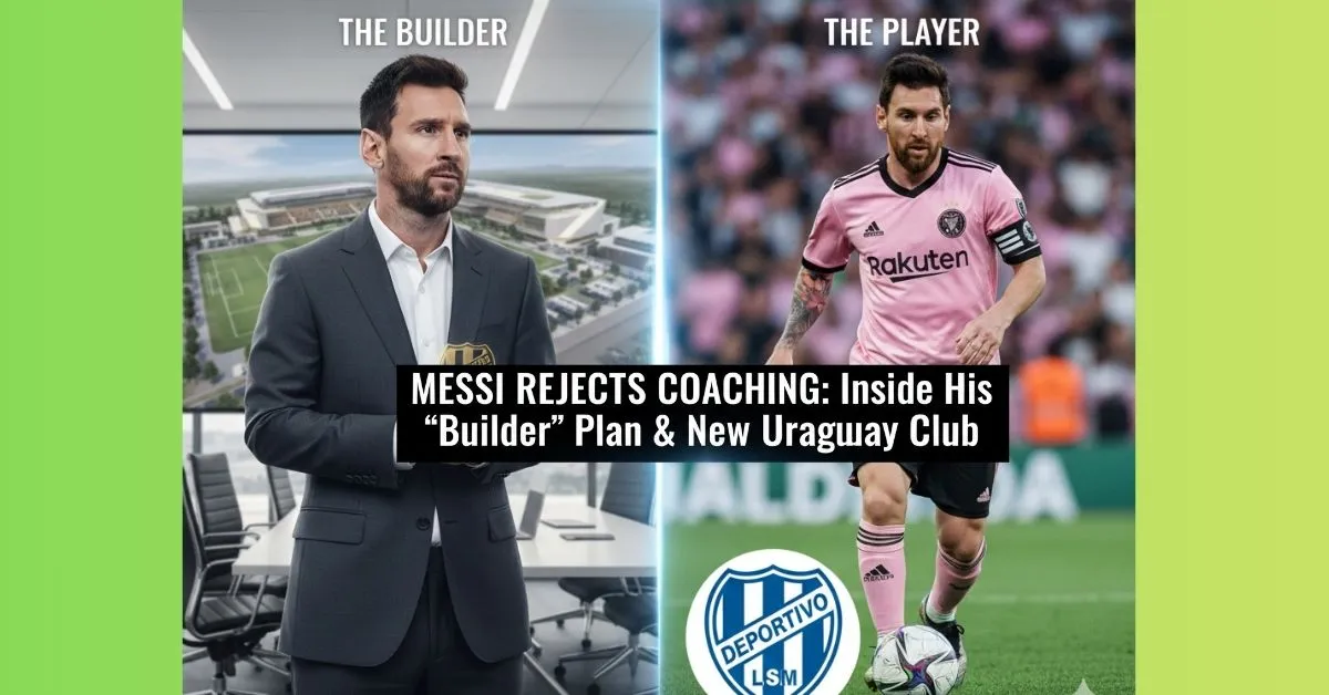 Lionel Messi split image showing him as a professional club owner in a suit and as a player for Inter Miami with the Deportivo LSM logo.